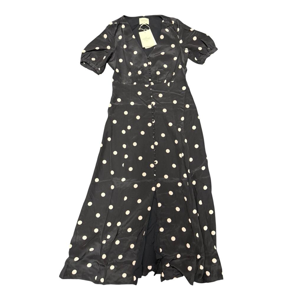 NWT Sezane Silk Polka Dot Midi Dress Black Button Front Lined Size US 2 - Picture 7 of 9